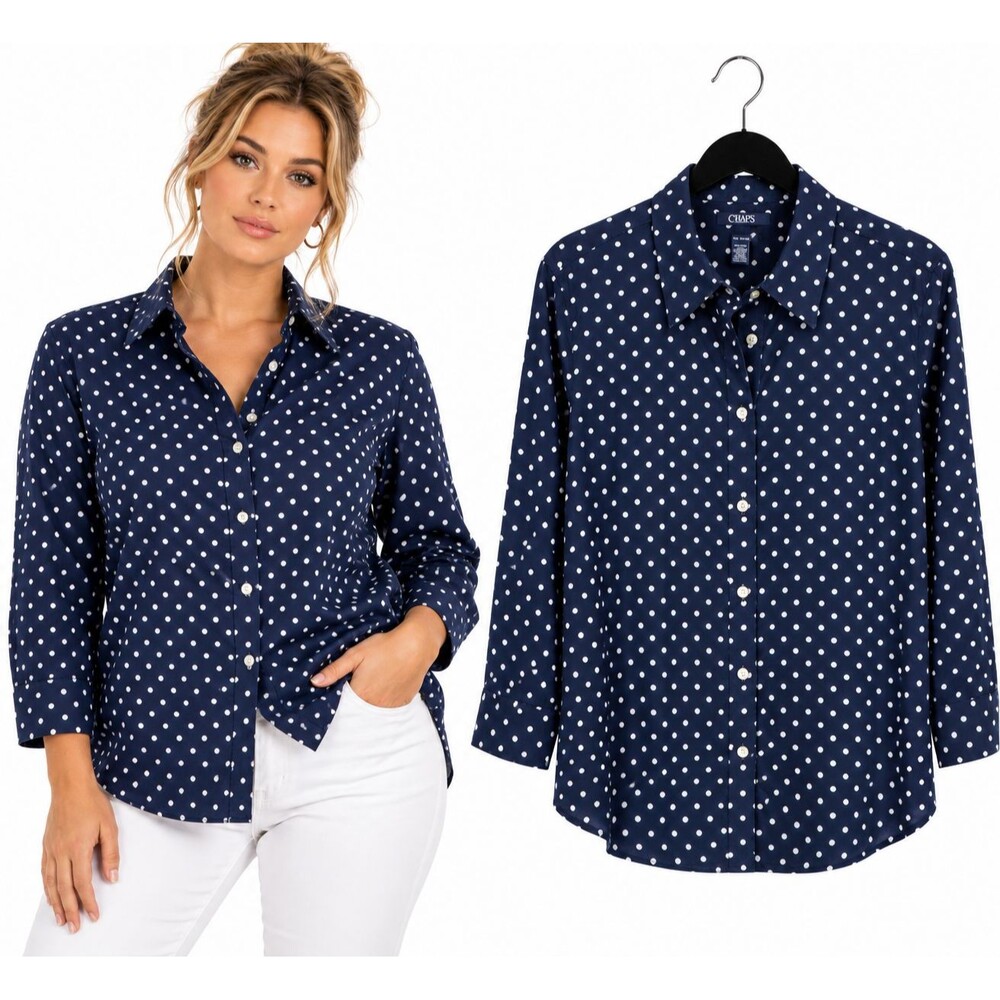 New Chaps Button Down Shirt Size XL No Iron Navy White Polka Dot Preppy